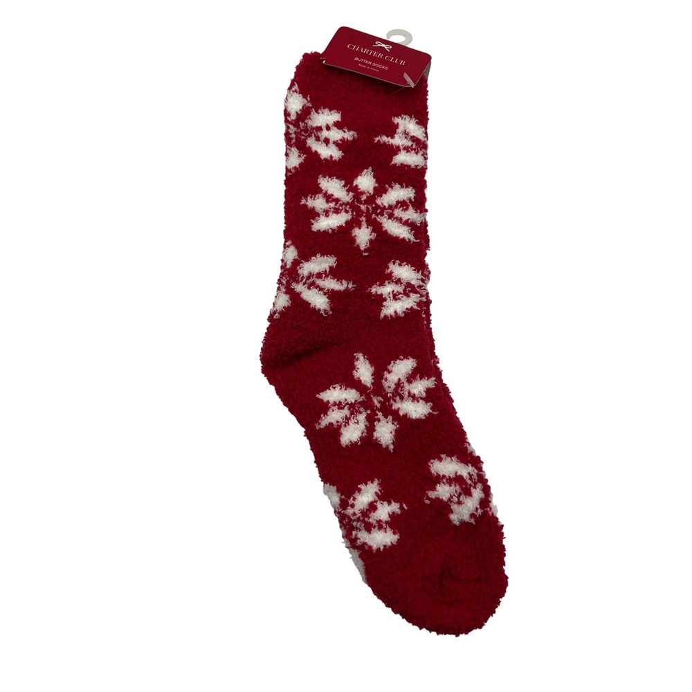 Charter Club Butter Socks Womens 9-11 Red Snow Holly Berry Snowflake Fuzzy Plush - Picture 1 of 6